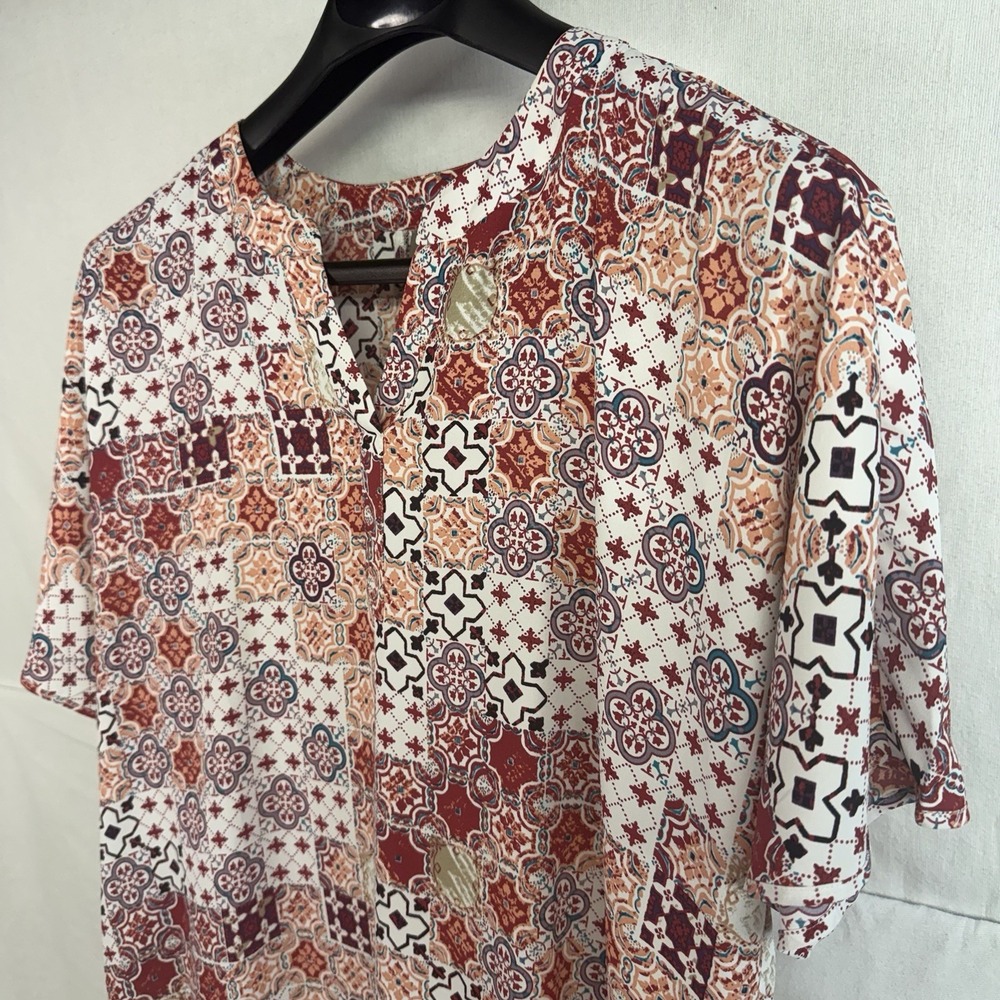 Chico's Women's Size 3 Patchwork Geometric Split Neck Short Sleeve Blouse boho